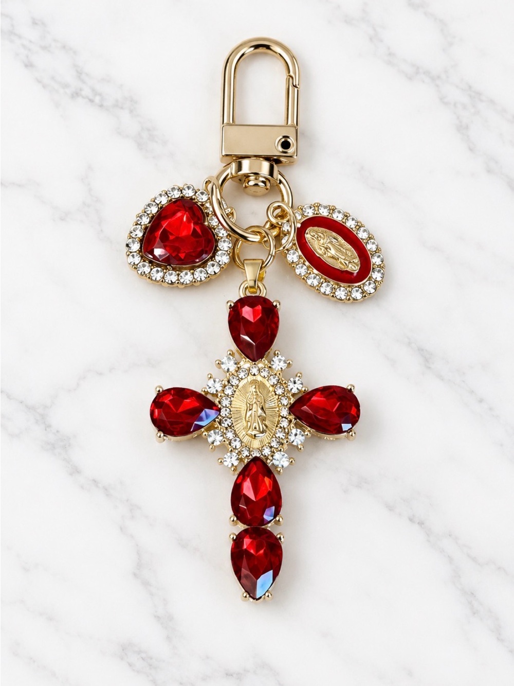 Bag charm/keychain-Red and White Rhinestoned Cross Charm-Gold Hardware-NWOT